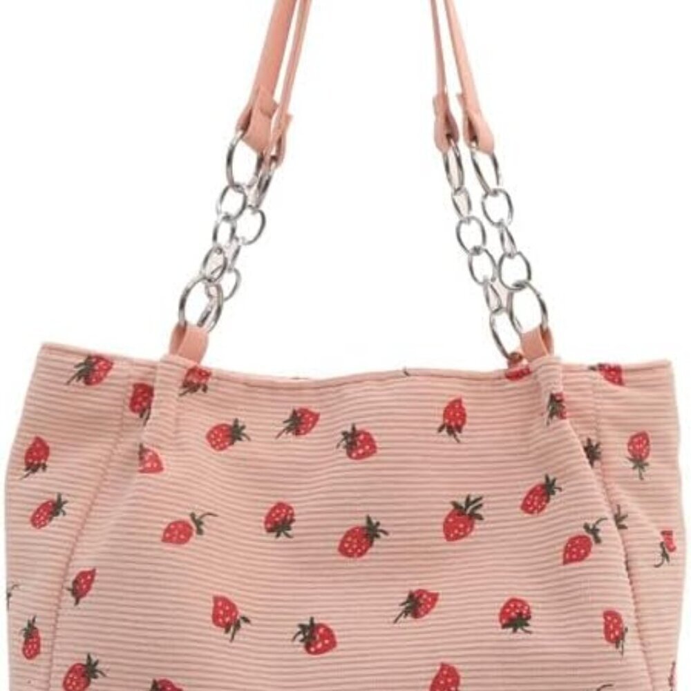 Strawberry Tote Bag Corduroy Women Zipper Book Work Shoulder Purse